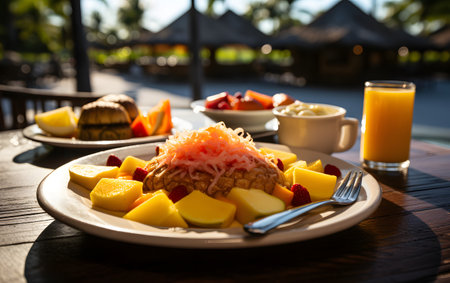 Tropical breakfast with fresh fruits on wooden table at resort.の素材