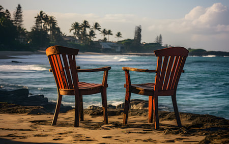 Wooden chairs on the beach in Sri Lanka. Selective focus.の素材