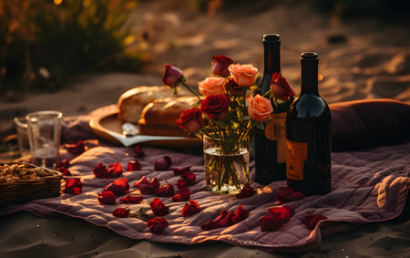 Romantic picnic on the beach with rose flowers, wine and breadの素材