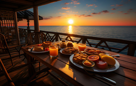 Breakfast with coffee, croissants and orange juice on a wooden terrace at sunsetの素材