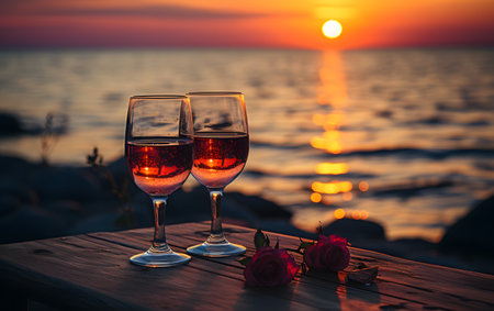 Two glasses of rose wine on a wooden table against the background of the sea and sunset.の素材