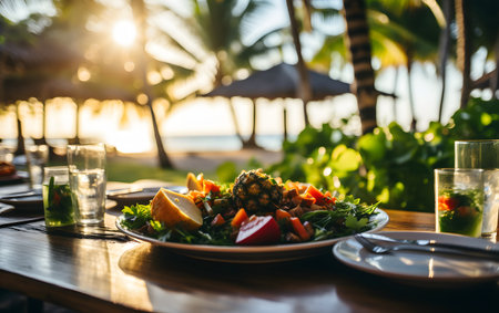 Tropical salad on wooden table with palm trees in background.の素材