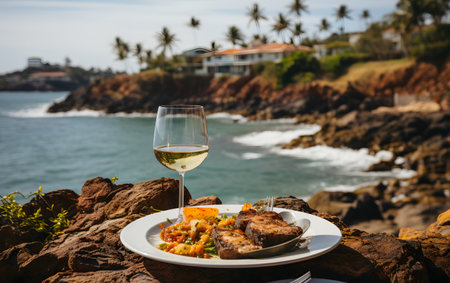 Grilled fish with vegetables and white wine on the beach in Tenerife, Spainの素材
