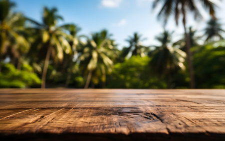 Wooden table background with blur coconut tree and bokeh lightの素材
