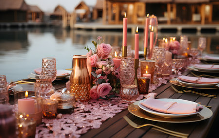 Wedding table setting with candles and pink flowers on the waterの素材