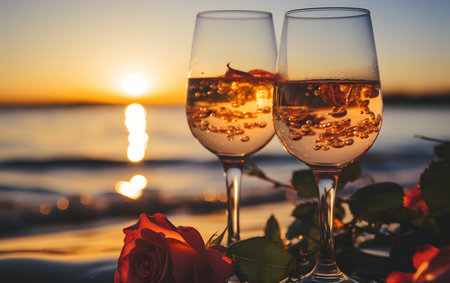 Two glasses of white wine on the background of the sea and sunset.の素材