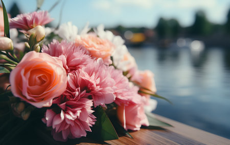 wedding bouquet of pink flowers on the background of the riverの素材