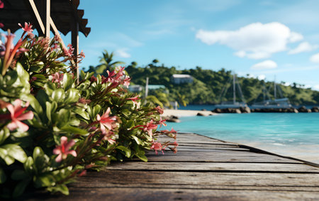 Wooden pier with flowers on the background of the sea and skyの素材