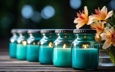 Candles in glass jars with flowers on a wooden table. Selective focus.の素材