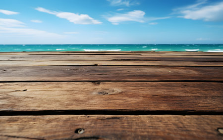 Wooden floor on the background of the sea and blue sky.の素材