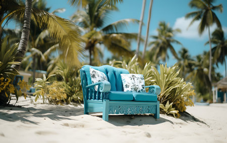 Blue sofa with pillows on the white sand of a tropical beachの素材
