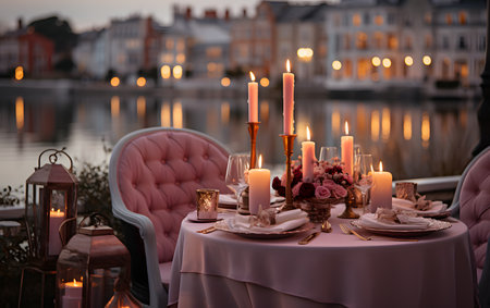 Romantic dinner on the bank of the canal in Gdansk, Polandの素材