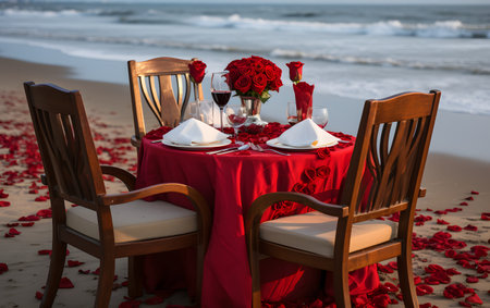 Wedding table setting on the beach with red rose petalsの素材