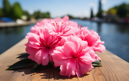 Beautiful pink flowers on the background of the river in the parkの素材