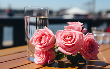 Bouquet of pink roses and glass of water on wooden tableの素材