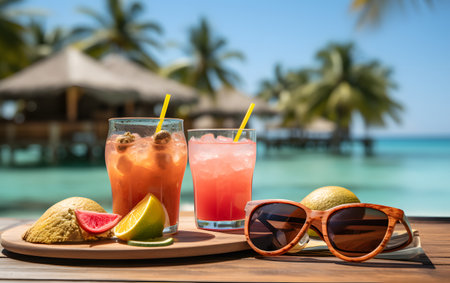 Summer cocktails on wooden table in front of tropical beach with palm treesの素材