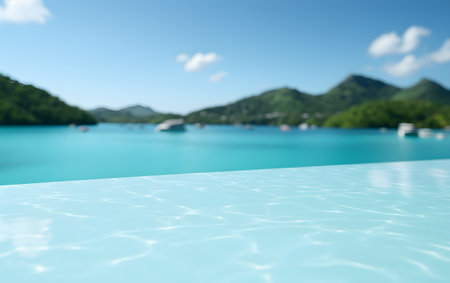 blur image of swimming pool and tropical beach for background usage.の素材