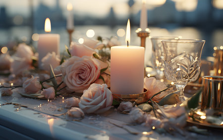 Festive table setting with candles and flowers in evening light, closeupの素材