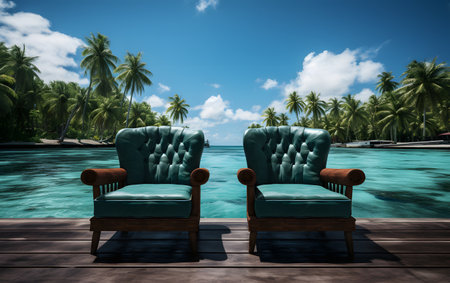 Swimming pool with blue armchairs and palm trees on the backgroundの素材