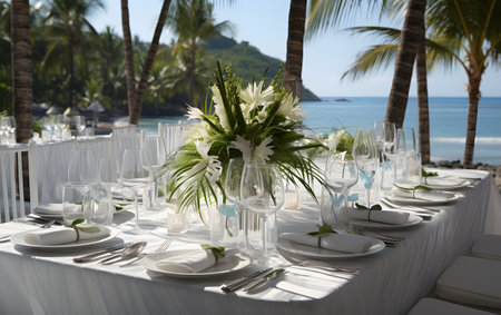 Wedding table setting on the beach in Seychellesの素材