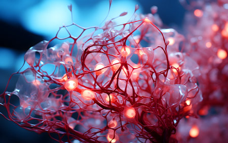 3d rendering of human nerve cell with glowing light bulb in dark backgroundの素材