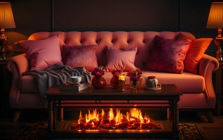 Cozy living room interior with fireplace and pink pillows on sofaの素材