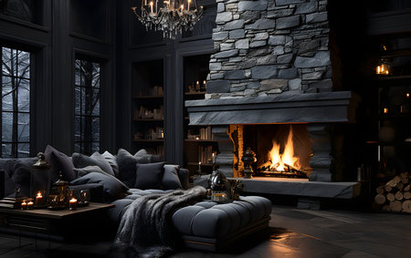 Interior of a modern living room with fireplace. 3D renderingの素材