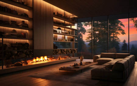 Modern living room interior design with fireplace. Evening scene. 3D rendering.の素材