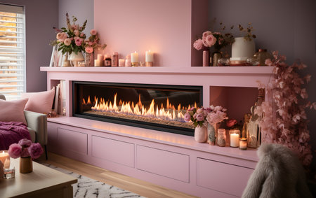 Fireplace in living room. Interior design. 3D rendering.の素材