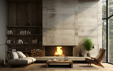Interior of modern living room with fireplace and wooden wall. 3d renderingの素材