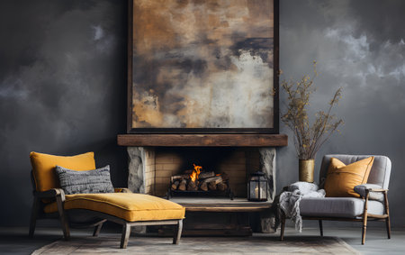 Cozy living room interior with fireplace and armchairs. 3d renderingの素材