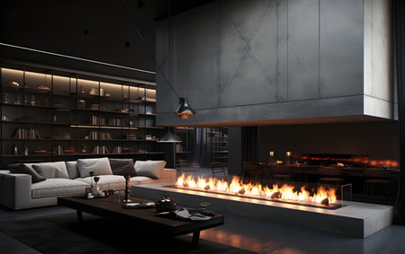 Interior of modern living room with fireplace, 3d render.の素材