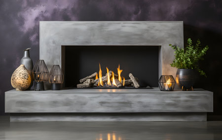 Modern fireplace with burning candles in dark room, 3d render.の素材