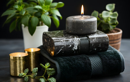 Spa still life with aromatic candles and green plants on dark backgroundの素材