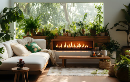 Cozy living room interior with fireplace and plants. Space for textの素材
