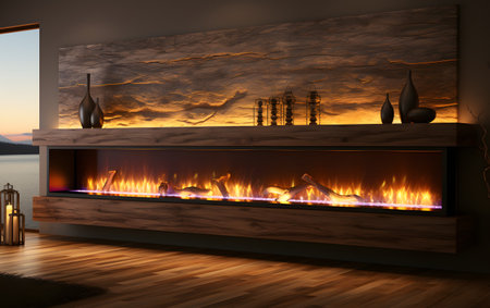 Modern fireplace in the living room at sunset. 3D rendering.の素材