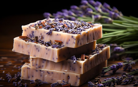 Natural handmade soap bars with lavender flowers on dark wooden background.の素材