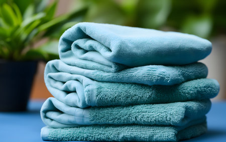 Stack of blue towels on table, closeup. house keeping conceptの素材