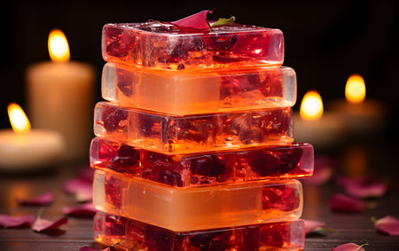 Aromatic candles with rose petals on a dark background.の素材