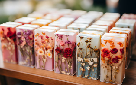 Colorful ceramic candlesticks with dried flowers in the shop.の素材
