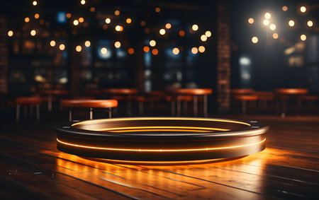 Interior of a pub with wooden floor and glowing lights. 3d renderingの素材
