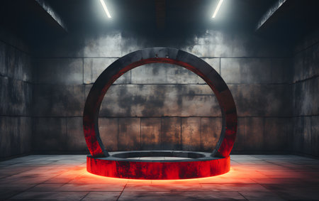 3D rendering of an empty room with a round podium lit by a red lightの素材