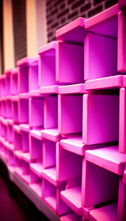 Pink shelves on the wall in the store, closeup of photoの素材