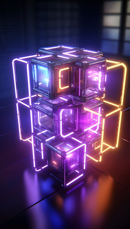 3d render, abstract background with neon cubes, 3d illustrationの素材