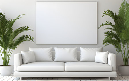 Modern bright interiors apartment with mockup poster frame 3D rendering illustrationの素材