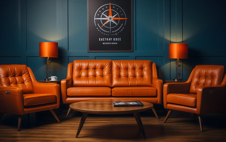 Interior of modern living room with brown leather armchairs, coffee table and vintage compass. 3d renderingの素材
