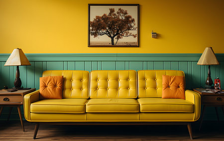 Yellow sofa in a modern living room interior. 3d rendering mock-upの素材