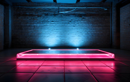3D rendering of an empty room with neon lights and a brick wallの素材