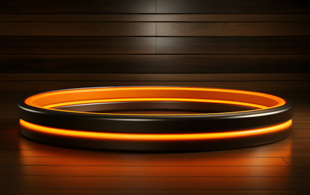 Neon round podium on wooden background. Vector illustration. Eps 10の素材