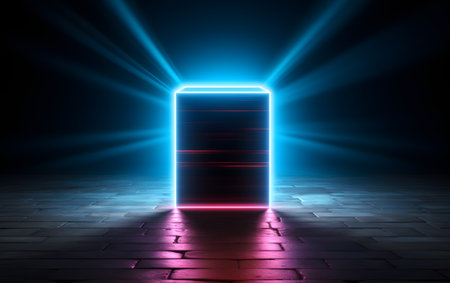 Abstract background with glowing neon door. 3D rendering. neon lightsの素材